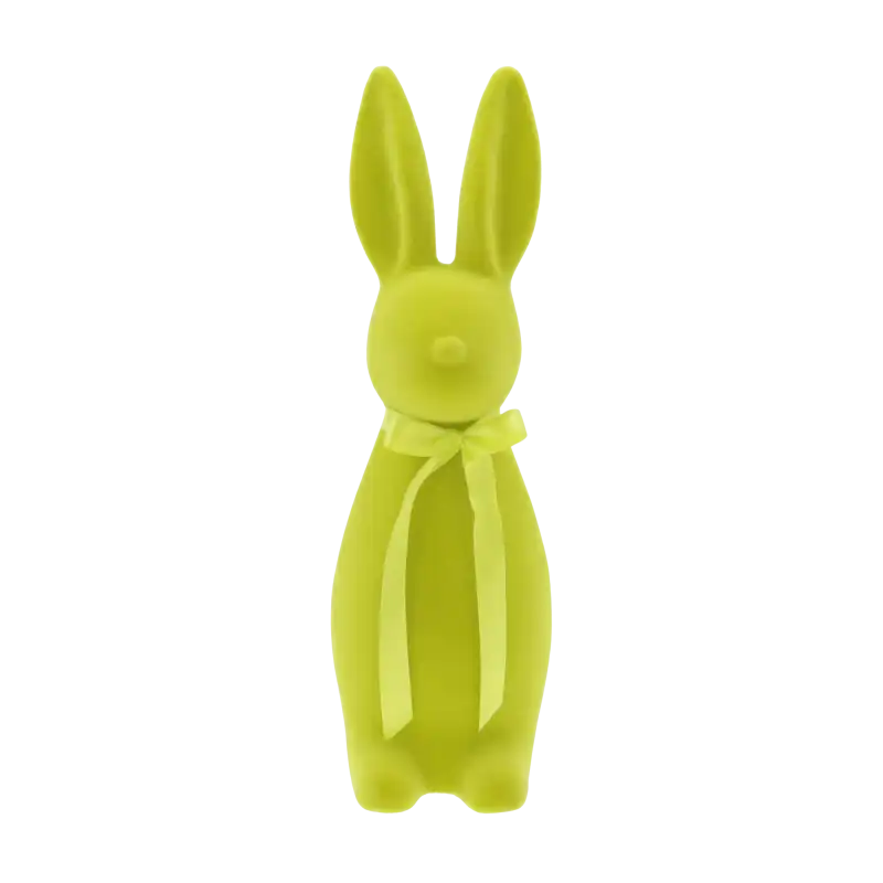 Limonkowy welurowy zając 30 cm to nowoczesna dekoracja wielkanocna z satynową kokardą, widoczna w pełnym formacie na wprost.