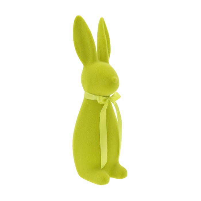 Figurka wielkanocnego zająca o wysokości 30 cm, wykończona miękkim welurem w odcieniu limonki, ukazana z profilu.
