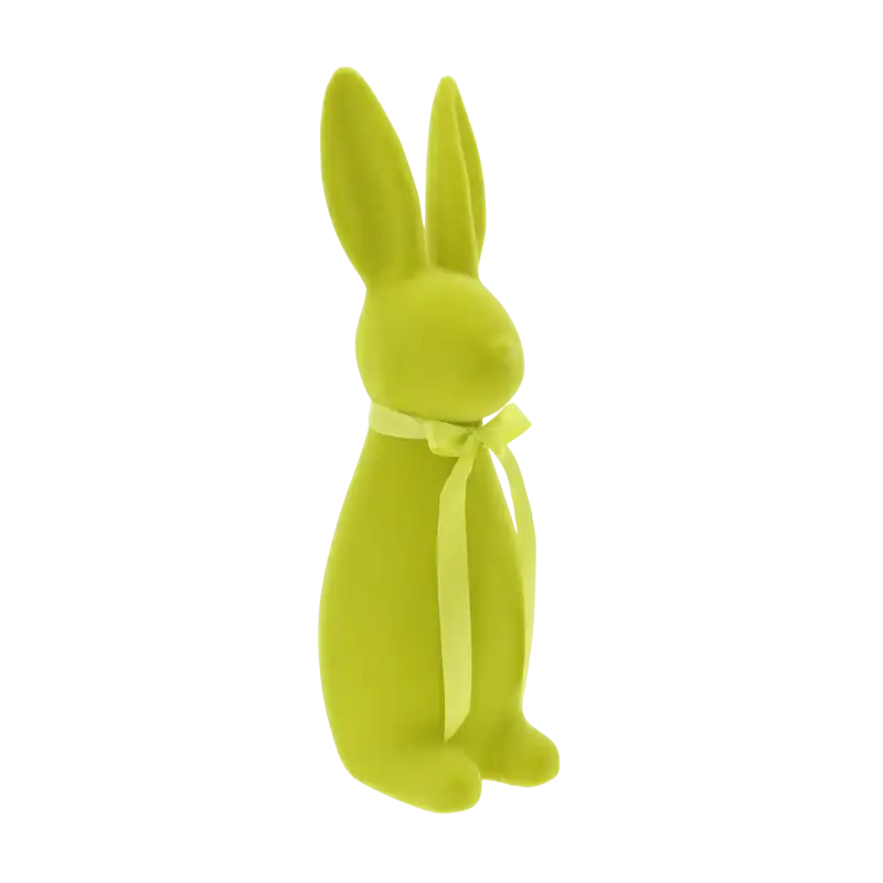 Figurka wielkanocnego zająca o wysokości 30 cm, wykończona miękkim welurem w odcieniu limonki, ukazana z profilu.