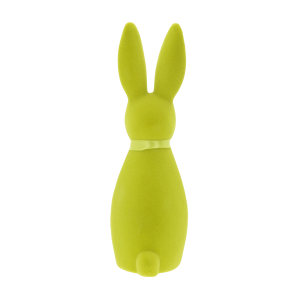 Widok na tył limonkowego zająca welurowego o wysokości 30 cm, prezentujący gładką fakturę oraz satynową tasiemkę.