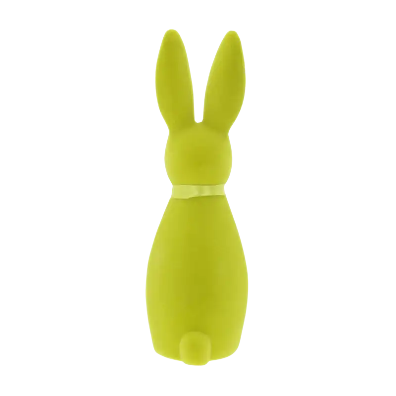 Widok na tył limonkowego zająca welurowego o wysokości 30 cm, prezentujący gładką fakturę oraz satynową tasiemkę.