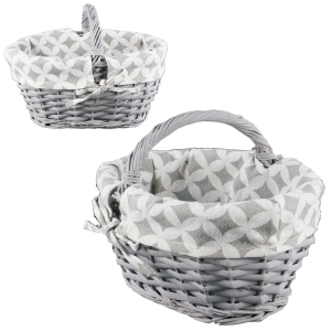 Owalny szary kosz wiklinowy o wymiarach 29x20 cm z wyjmowanym materiałem w geometryczny wzór. Rozmiar M idealny na święconkę.