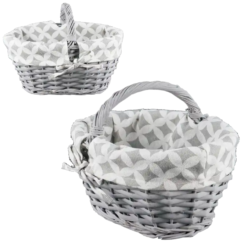 Owalny szary kosz wiklinowy o wymiarach 29x20 cm z wyjmowanym materiałem w geometryczny wzór. Rozmiar M idealny na święconkę.