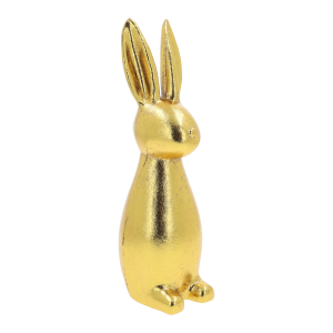 Złoty zając o wysokości 30 cm w postarzanym wykończeniu glamour. Figurka stanowi elegancką ozdobę wnętrz, doskonałą do salonu lub sypialni jako świąteczny akcent.