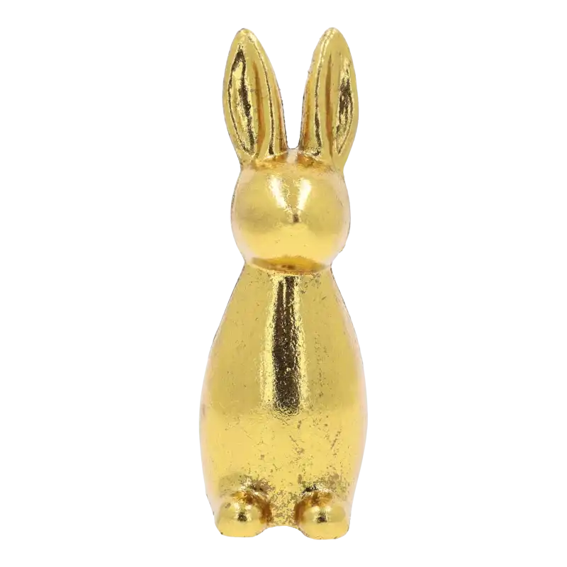 Złoty zając 15 cm to elegancka figurka wielkanocna w stylu glamour. Postarzana powierzchnia dodaje mu unikalnego charakteru w aranżacjach salonu.