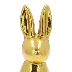 Zbliżenie na głowę złotej figurki zająca. Postarzana tekstura podkreśla elegancki charakter ozdoby, idealnej do stroików.
