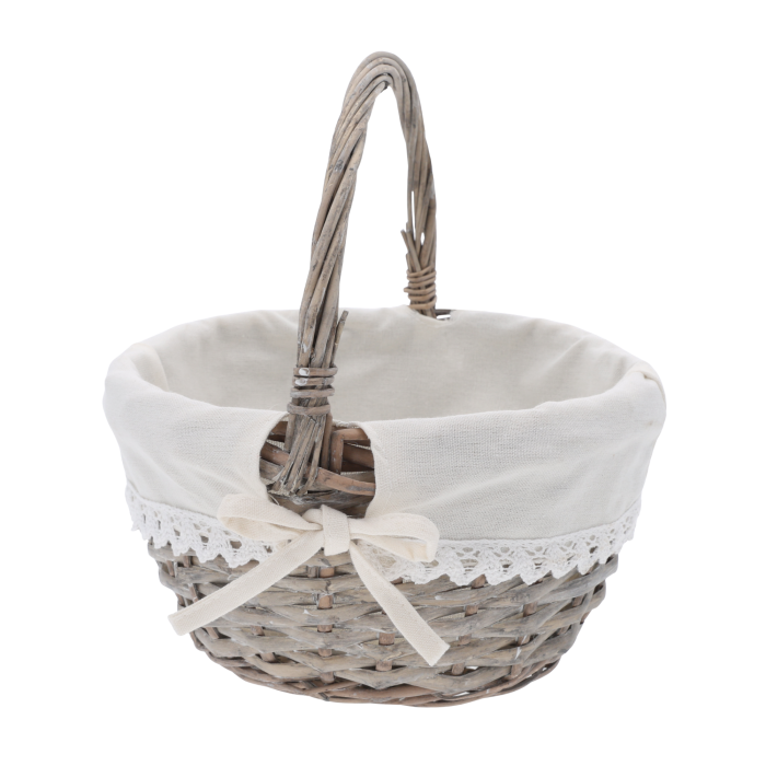 Szary okrągły kosz wiklinowy 24 cm z materiałową wyściółką i ozdobną kokardą. Praktyczny kosz na święconkę i owoce.