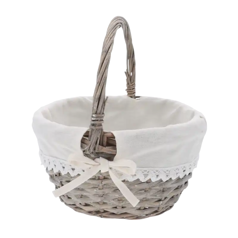 Szary okrągły kosz wiklinowy 24 cm z materiałową wyściółką i ozdobną kokardą. Praktyczny kosz na święconkę i owoce.