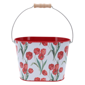 Metalowa osłonka wiaderko z motywem tulipanów o wymiarach 13x20 cm. Posiada drewnianą rączkę i wiosenny design.