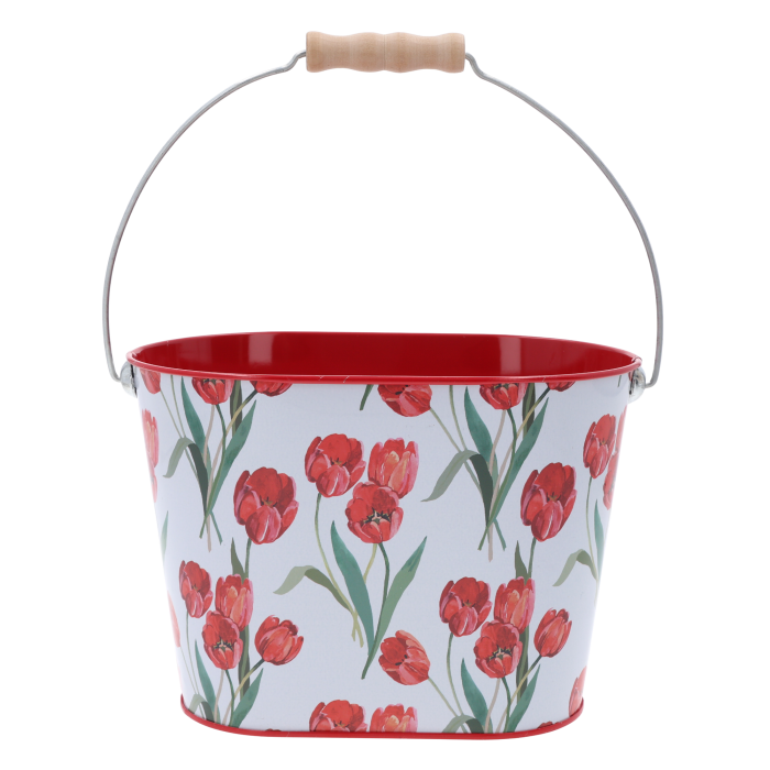 Metalowa osłonka wiaderko z motywem tulipanów o wymiarach 13x20 cm. Posiada drewnianą rączkę i wiosenny design.