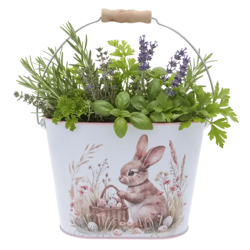 Metalowa osłonka wiaderko 13x20 cm wypełniona świeżymi ziołami, prezentacja praktycznego zastosowania w kuchni.