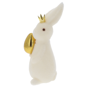 Profil kremowego zająca flokowanego z koroną, prezentujący strukturę powierzchni oraz eleganckie wykończenie luksusowej ozdoby wielkanocnej.