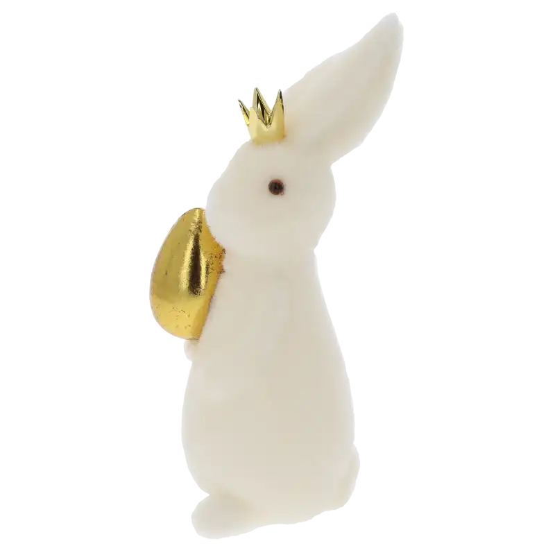 Profil kremowego zająca flokowanego z koroną, prezentujący strukturę powierzchni oraz eleganckie wykończenie luksusowej ozdoby wielkanocnej.