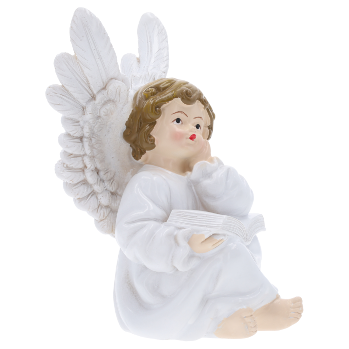 Figurka aniołka o wysokości 14 cm w delikatnej pozie z głową opartą na dłoni, wykonana z materiału przypominającego gips.