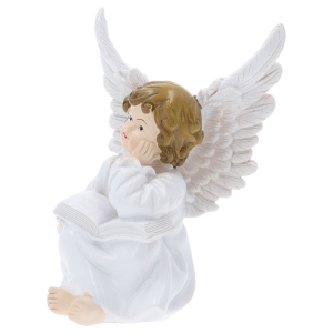 Zbliżenie na profil figurki anioła 14 cm, ukazujące precyzyjne wykończenie skrzydeł oraz detale twarzy i fryzury.