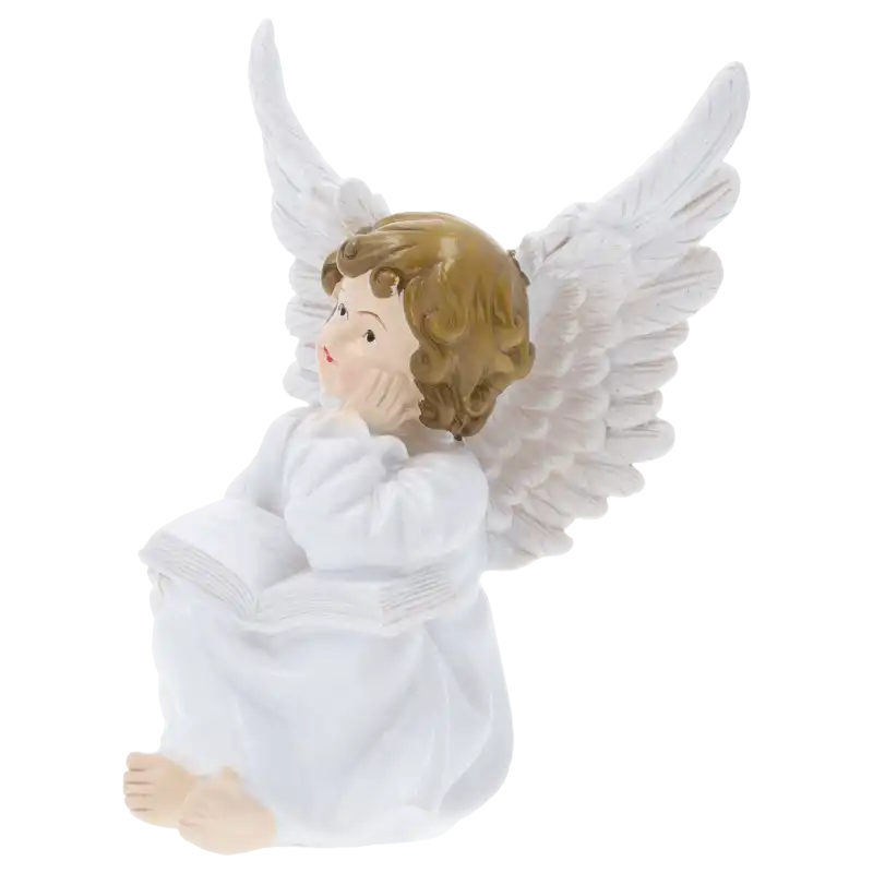 Zbliżenie na profil figurki anioła 14 cm, ukazujące precyzyjne wykończenie skrzydeł oraz detale twarzy i fryzury.