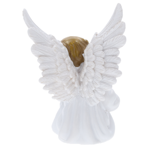 Widok od tyłu na figurkę aniołka 14 cm, prezentujący szczegółowo rzeźbione, duże skrzydła oraz strukturę włosów.
