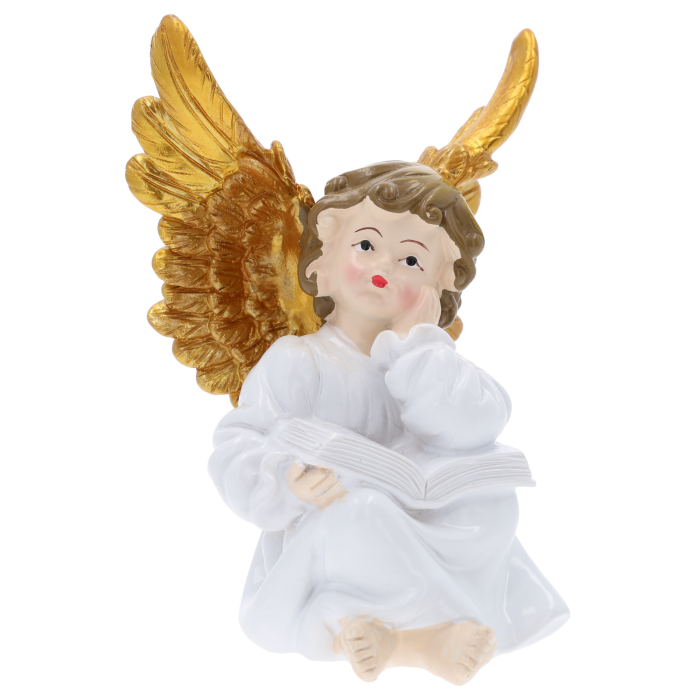 Aniołek komunijny z poliresinu o wysokości 14 cm. Figurka z czytającym aniołkiem posiada szczegółowe złote skrzydła, idealna jako prezent lub pamiątka.