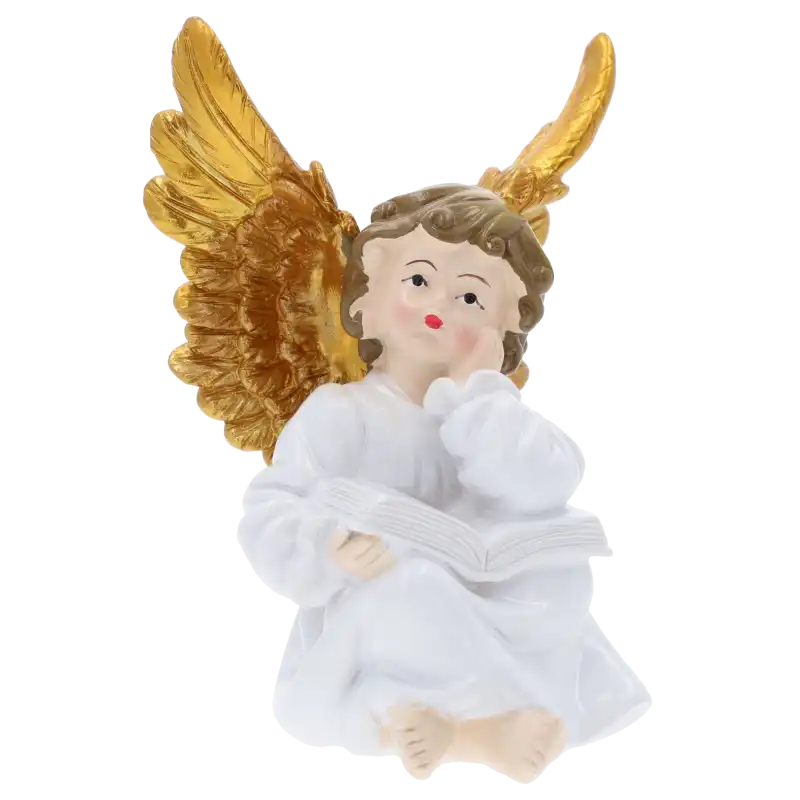 Aniołek komunijny z poliresinu o wysokości 14 cm. Figurka z czytającym aniołkiem posiada szczegółowe złote skrzydła, idealna jako prezent lub pamiątka.