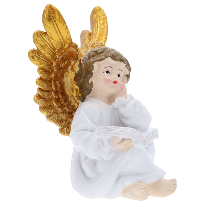 Aniołek 14 cm z poliresinu to efektowna figurka idealna na komunię, chrzest lub jako dekoracja stołu. Biały kolor i delikatne zdobienia nadają jej elegancji. Produkt dostępny także hurtowo dla kwiaciarni i sklepów z dekoracjami.