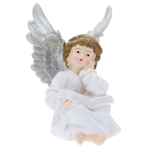 Aniołek komunijny 14 cm z poliresinu. Figurka przedstawia siedzącego anioła z otwartą książką, w białej szacie i ze srebrnymi skrzydłami.
