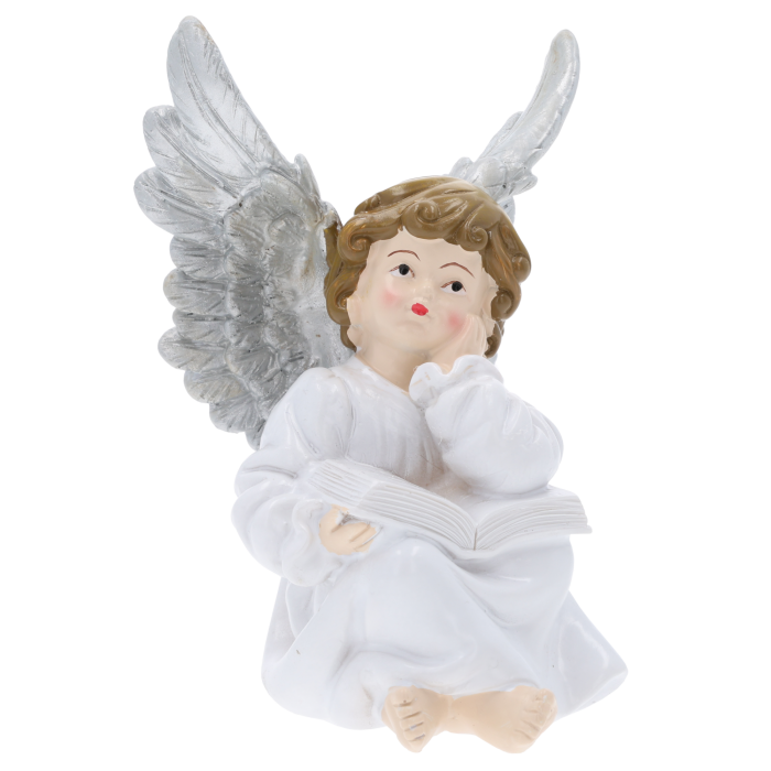 Aniołek komunijny 14 cm z poliresinu. Figurka przedstawia siedzącego anioła z otwartą książką, w białej szacie i ze srebrnymi skrzydłami.