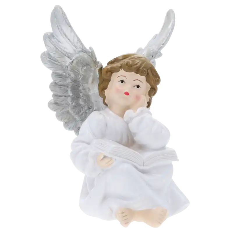 Aniołek komunijny 14 cm z poliresinu. Figurka przedstawia siedzącego anioła z otwartą książką, w białej szacie i ze srebrnymi skrzydłami.
