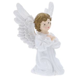 Poliresinowy aniołek komunijny 15 cm w białym kolorze. Figurka przedstawia postać ze złożonymi dłońmi, idealna jako ozdoba stołu lub pamiątka religijna.