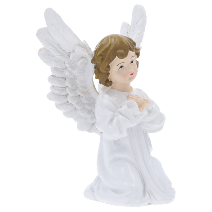 Poliresinowy aniołek komunijny 15 cm w białym kolorze. Figurka przedstawia postać ze złożonymi dłońmi, idealna jako ozdoba stołu lub pamiątka religijna.