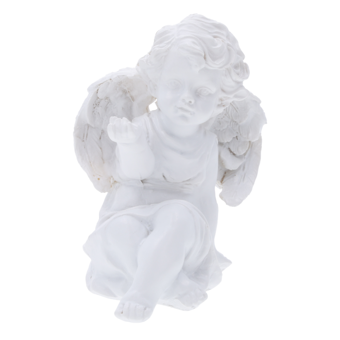 Biała figurka aniołek komunijny o wysokości 14 cm wykonana z poliresinu. Przedstawia siedzącą postać z delikatnymi skrzydełkami, doskonała jako subtelna dekoracja lub prezent.