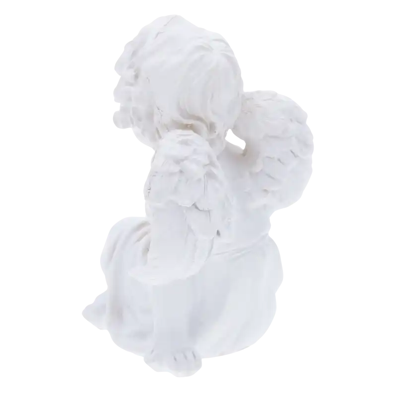 Widok na tył figurki aniołka o wysokości 14 cm. Eksponuje szczegółowe wykończenie skrzydeł oraz fakturę materiału przypominającego ceramikę w klasycznym odcieniu bieli.