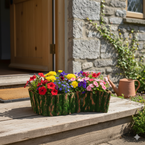 Dekoracyjna osłonka z kory z mchem ustawiona na drewnianym tarasie. Idealnie komponuje się z naturalnym otoczeniem, stanowiąc estetyczną bazę dla sezonowych nasadzeń kwiatowych.