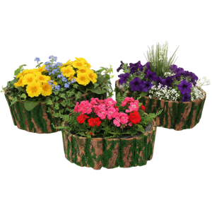 Zestaw drewnianych osłonek z kory z imitacją mchu z nasadzeniami kwiatowymi. Wnętrze każdej osłonki zabezpieczone folią ochronną dla wygody użytkowania.
