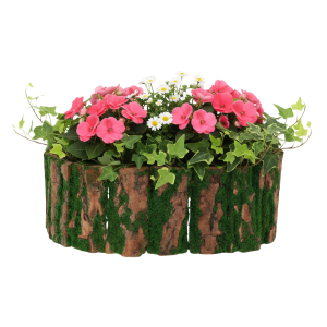 Osłonka z kory 26x20 cm wypełniona różowymi kwiatami i zielonymi pnączami, wyeksponowana na białym tle.