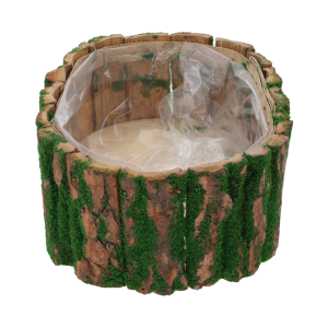 Zbliżenie na wnętrze osłonki z kory z mchem, uwydatniające strukturę naturalnego drewna oraz folię ochronną.