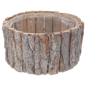 Pusta okrągła osłonka drewniane z kory o średnicy 22 cm. Produkt z naturalnym wykończeniem i praktyczną folią wewnątrz.