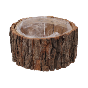 Okrągła osłonka drewniane z kory o średnicy 18 cm i wysokości 10 cm z wewnętrzną folią ochronną, idealna do naturalnych aranżacji roślinnych w stylu leśnym.