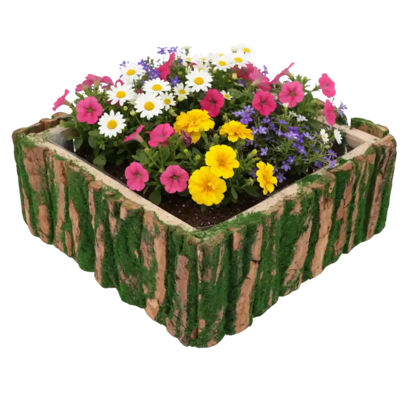 Kwadratowa osłonka z kory o wymiarach 25x25 cm wypełniona wielobarwną kompozycją kwiatową. Naturalny design podkreśla rustykalny charakter aranżacji roślinnych.