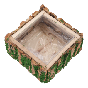 Kwadratowa osłonka z kory i mchu 20x20 cm, widok z góry ukazujący surową fakturę drewna oraz wnętrze wyłożone praktyczną folią ochronną.
