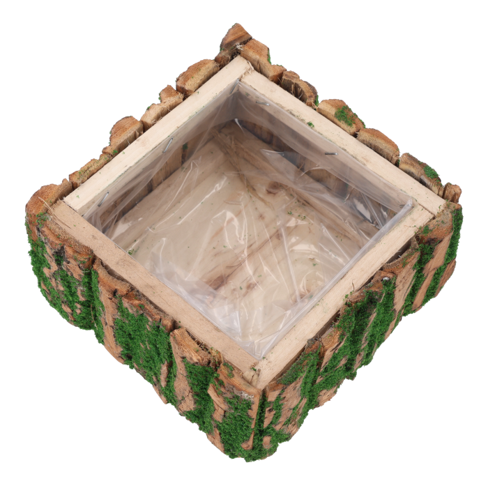 Kwadratowa osłonka z kory i mchu 20x20 cm, widok z góry ukazujący surową fakturę drewna oraz wnętrze wyłożone praktyczną folią ochronną.