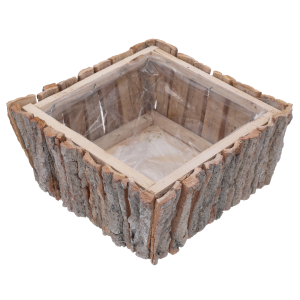 Kwadratowa osłonka z kory 25x25 cm o surowej fakturze, wyposażona w wewnętrzną folię ochronną do bezpiecznego sadzenia roślin.