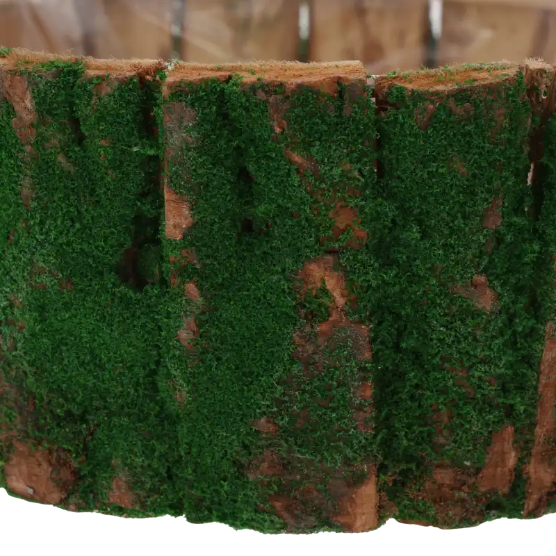 Zbliżenie na fakturę naturalnej kory drzewnej z elementami zielonego mchu na ściance osłonki o średnicy 18 cm.