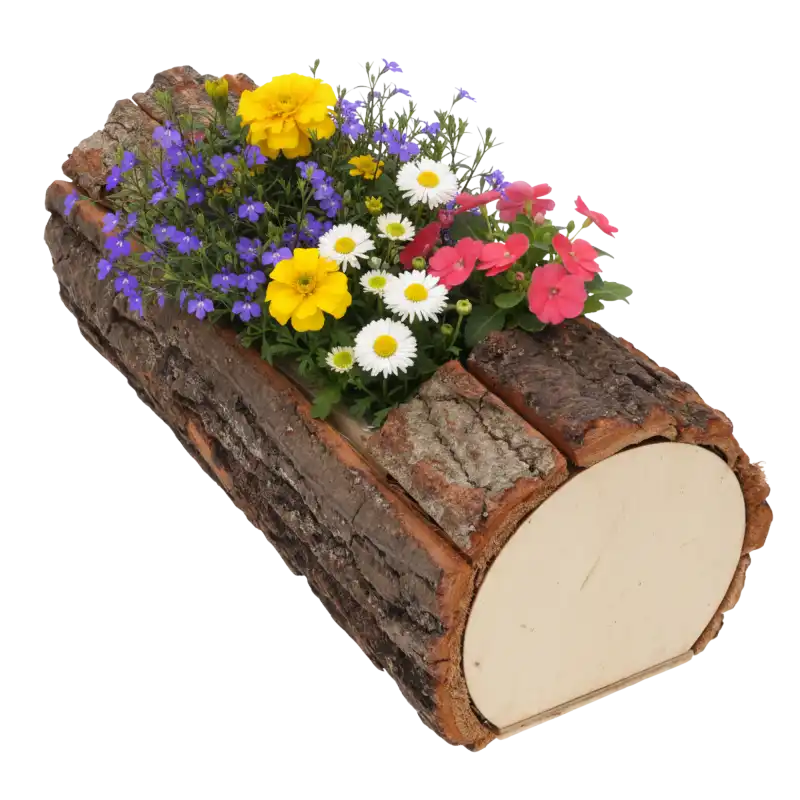 Kompozycja roślinna umieszczona w naturalnej kłodzie z kory, prezentująca różnorodne kwiaty w rustykalnym stylu dekoracji.
