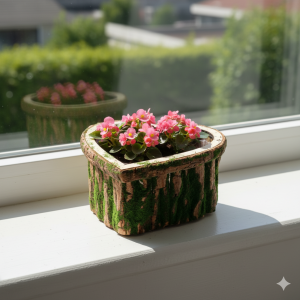 Osłonka z kory z begoniami ustawiona na białym parapecie w świetle dziennym. Naturalny dodatek do wnętrza.