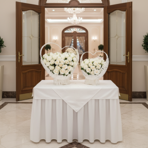 Dwa kosze w kształcie serca z białymi różami wyeksponowane na eleganckim stole w jasnym, reprezentacyjnym wnętrzu.