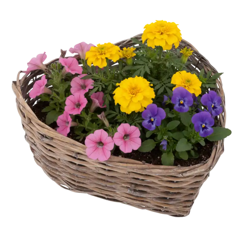 Osłonka wiklinowa w kształcie serca wypełniona kolorową kompozycją florystyczną z żółtymi, różowymi i fioletowymi kwiatami.