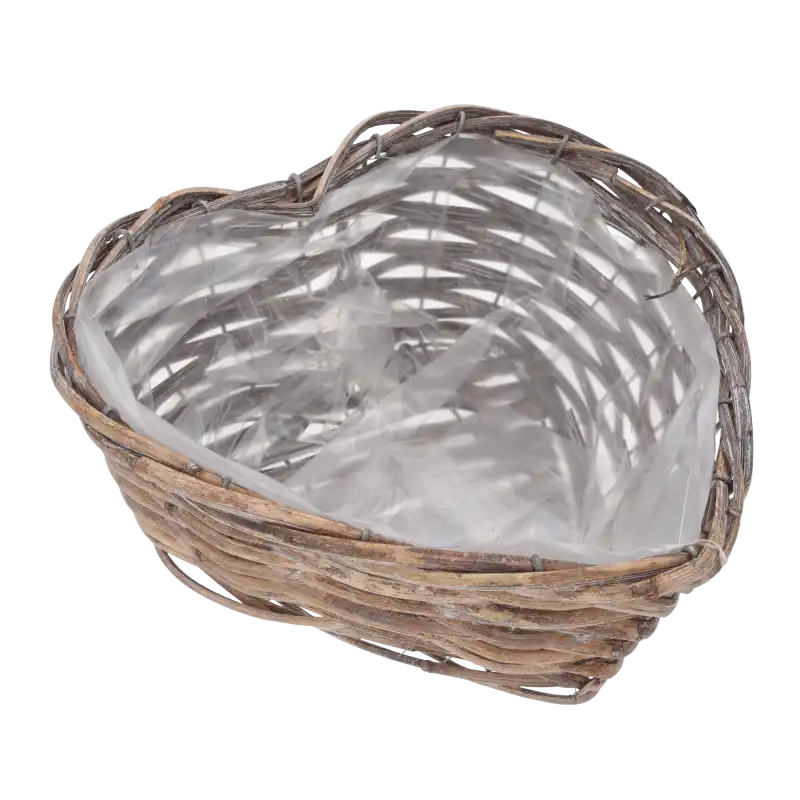 Naturalna osłonka wiklinowa w kształcie serca 26x26 cm z wnętrzem zabezpieczonym folią ochronną, gotowa do aranżacji roślinnych.