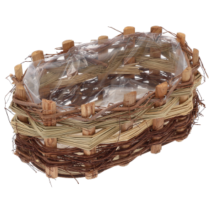 Owalna osłonka na doniczkę o długości 25 cm z wikliny. Naturalna dekoracja drewniana z kory z folią ochronną wewnątrz.
