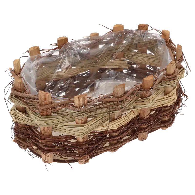 Owalna osłonka na doniczkę o długości 25 cm z wikliny. Naturalna dekoracja drewniana z kory z folią ochronną wewnątrz.