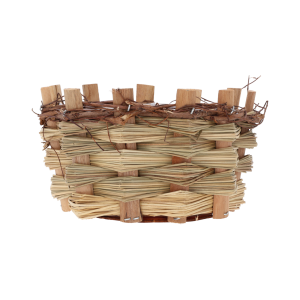 Detale splotu naturalnego drewna w osłonce o średnicy 18 cm, widoczna struktura materiału i górne wykończenie z gałązek.